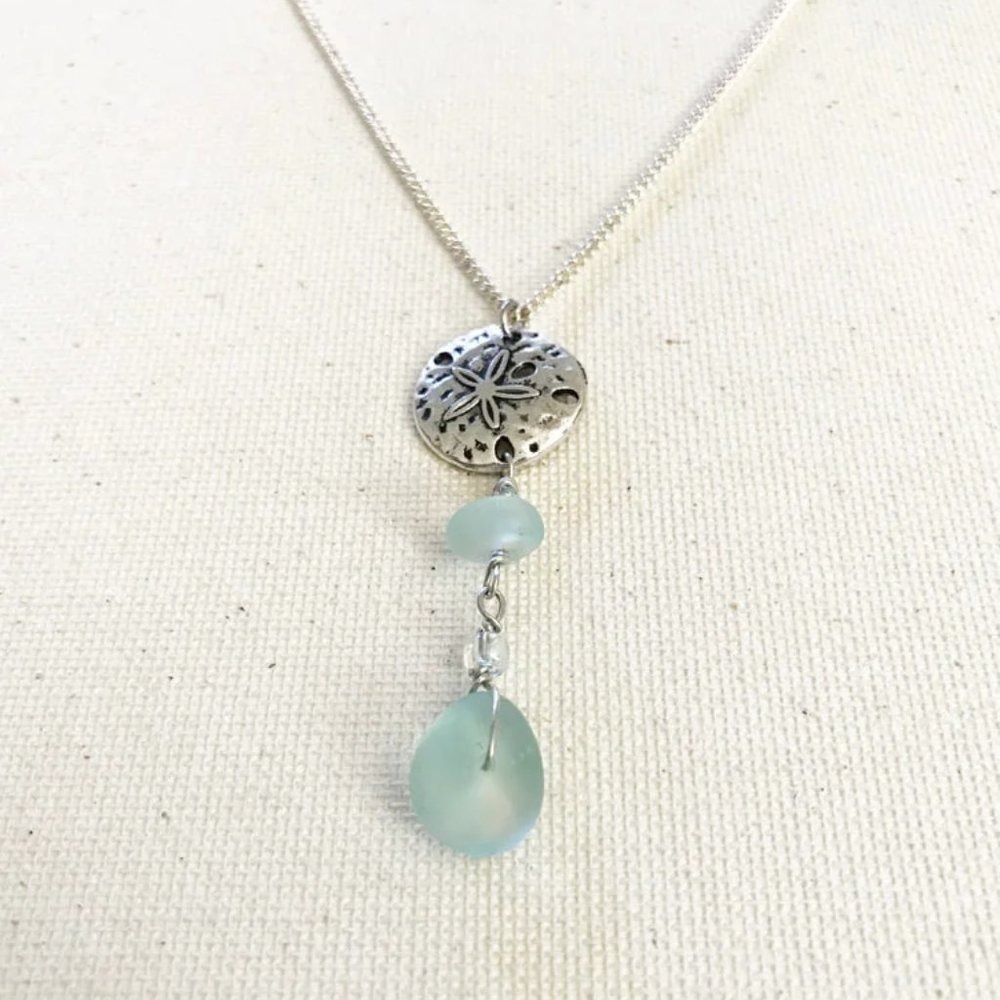 Sterling Silver Sand Dollar Blue Sea Glass Necklace Earrings Beach Ocean Mermaid - Picture 3 of 5